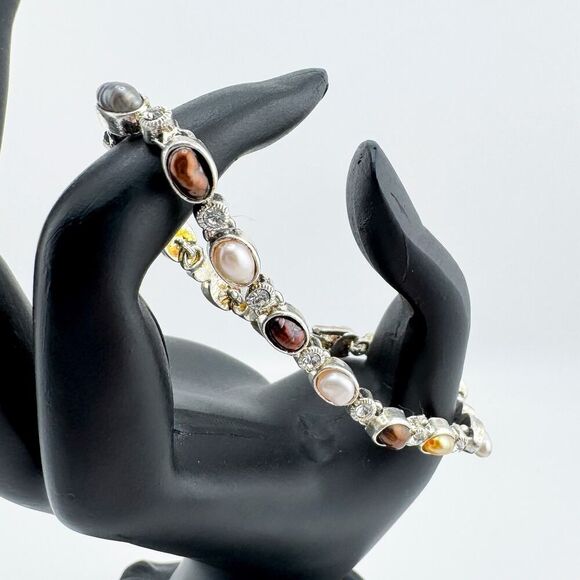 Vintage Pearl & Rhinestone Tennis Bracelet Timeless Glamour Retro Neutral - Picture 5 of 9